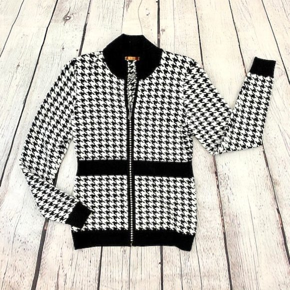 Belldini Houndstooth Rhinestone Zipr Cardi Sweater - Picture 3 of 3